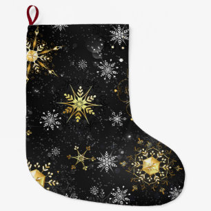 Xmas Golden Snowflakes on Black Background Large Christmas Stocking