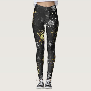 Xmas Golden Snowflakes on Black Background Leggings
