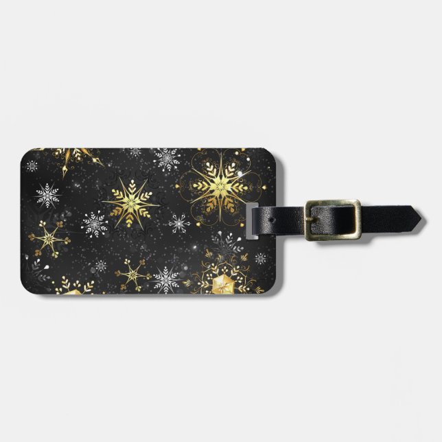 Xmas Golden Snowflakes on Black Background Luggage Tag (Front Horizontal)