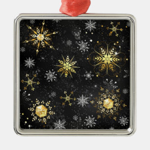 Xmas Golden Snowflakes on Black Background Metal Ornament