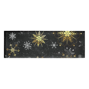 Xmas Golden Snowflakes on Black Background Name Tag