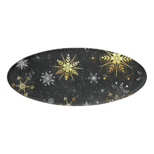 Xmas Golden Snowflakes on Black Background Name Tag