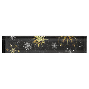 Xmas Golden Snowflakes on Black Background Nameplate