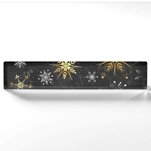 Xmas Golden Snowflakes on Black Background Nameplate (Front)