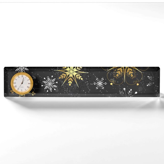 Xmas Golden Snowflakes on Black Background Nameplate (Front)