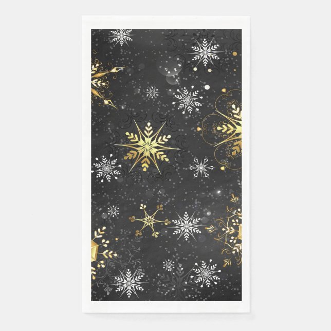 Xmas Golden Snowflakes on Black Background Napkin (Front)
