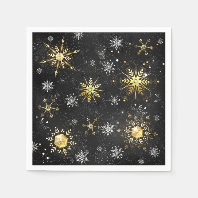 Xmas Golden Snowflakes on Black Background Napkin (Front)