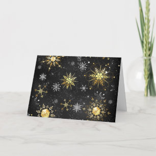 Xmas Golden Snowflakes on Black Background Note Card