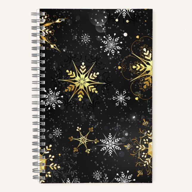 Xmas Golden Snowflakes on Black Background Notebook (Front)
