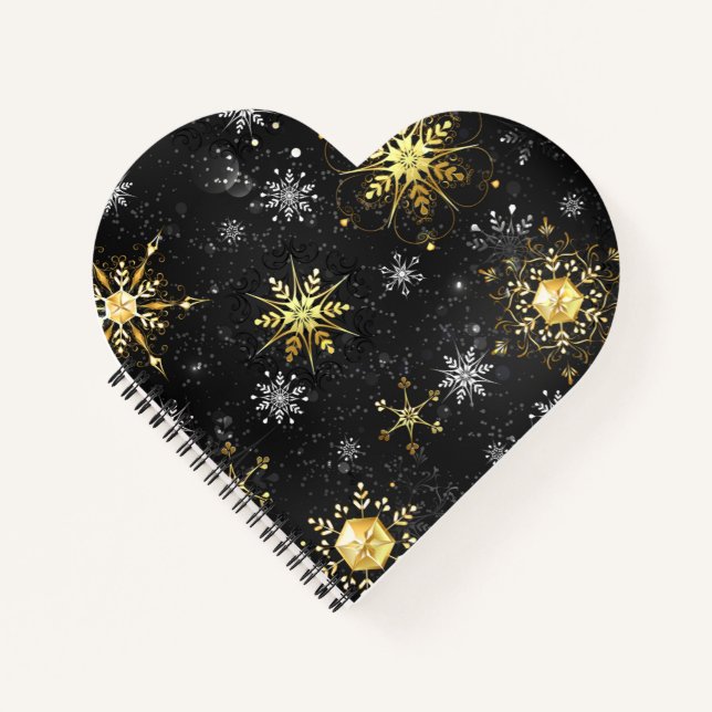 Xmas Golden Snowflakes on Black Background Notebook (Front)