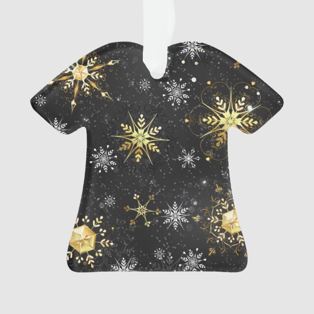 Xmas Golden Snowflakes on Black Background Ornament (Front)