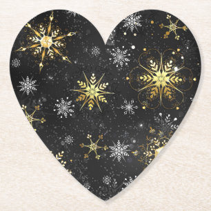 Xmas Golden Snowflakes on Black Background Paper Coaster