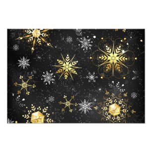 Xmas Golden Snowflakes on Black Background Photo Print