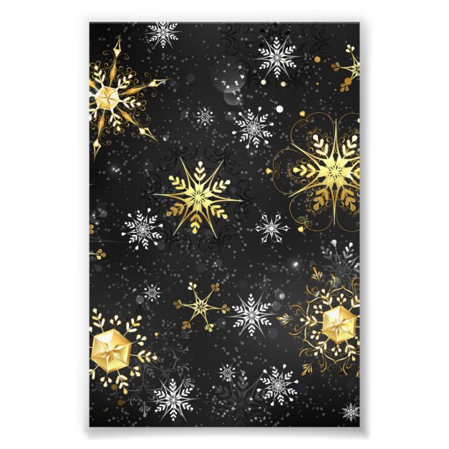 Xmas Golden Snowflakes on Black Background Photo Print (Front)