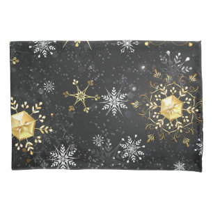Xmas Golden Snowflakes on Black Background Pillowcase