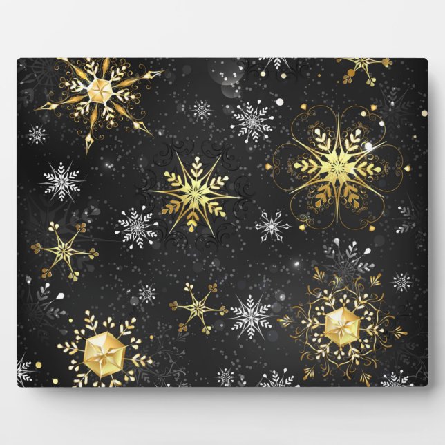 Xmas Golden Snowflakes on Black Background Plaque (Front)