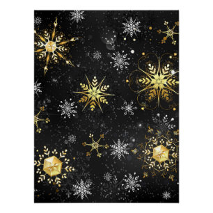 Xmas Golden Snowflakes on Black Background Poster