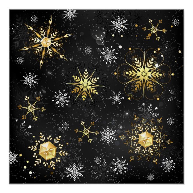 Xmas Golden Snowflakes on Black Background Poster (Front)