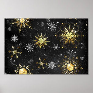 Xmas Golden Snowflakes on Black Background Poster