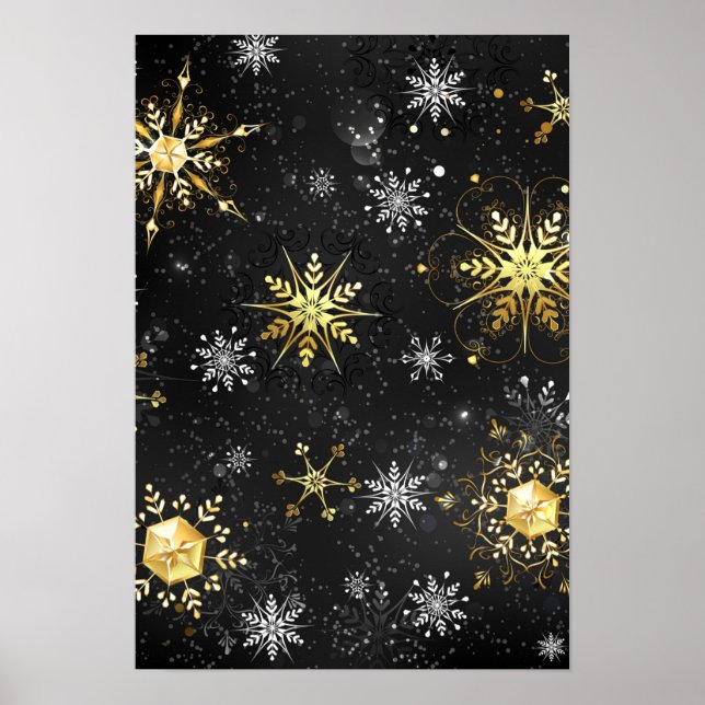 Xmas Golden Snowflakes on Black Background Poster (Front)