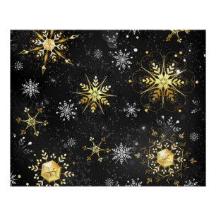 Xmas Golden Snowflakes on Black Background Poster