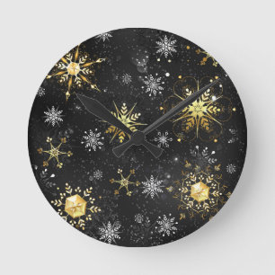 Xmas Golden Snowflakes on Black Background Round Clock