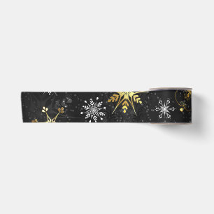 Xmas Golden Snowflakes on Black Background Satin Ribbon