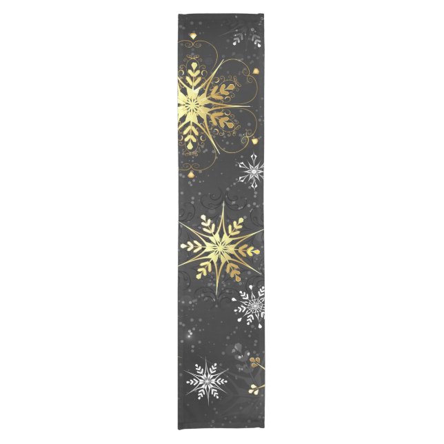 Xmas Golden Snowflakes on Black Background Short Table Runner (Front)