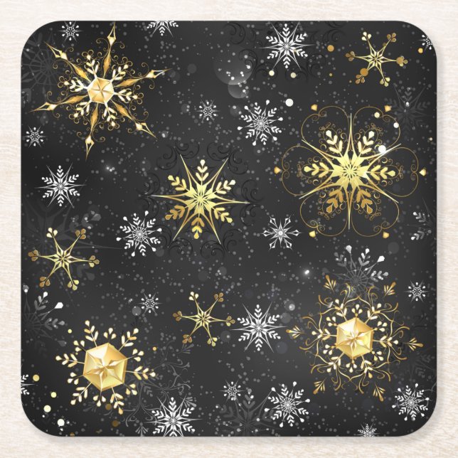 Xmas Golden Snowflakes on Black Background Square Paper Coaster (Front)