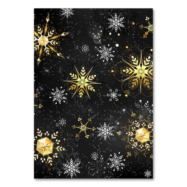 Xmas Golden Snowflakes on Black Background Table Number (Front)