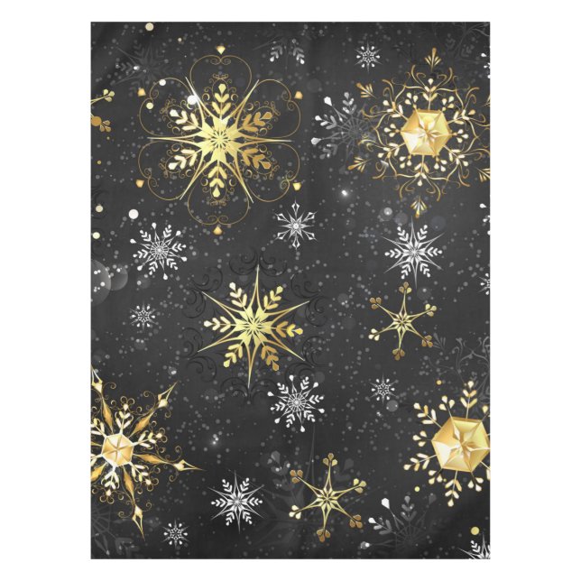 Xmas Golden Snowflakes on Black Background Tablecloth (Front)