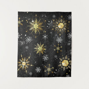 Xmas Golden Snowflakes on Black Background Tapestry