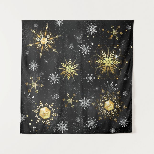 Xmas Golden Snowflakes on Black Background Tapestry (Front)