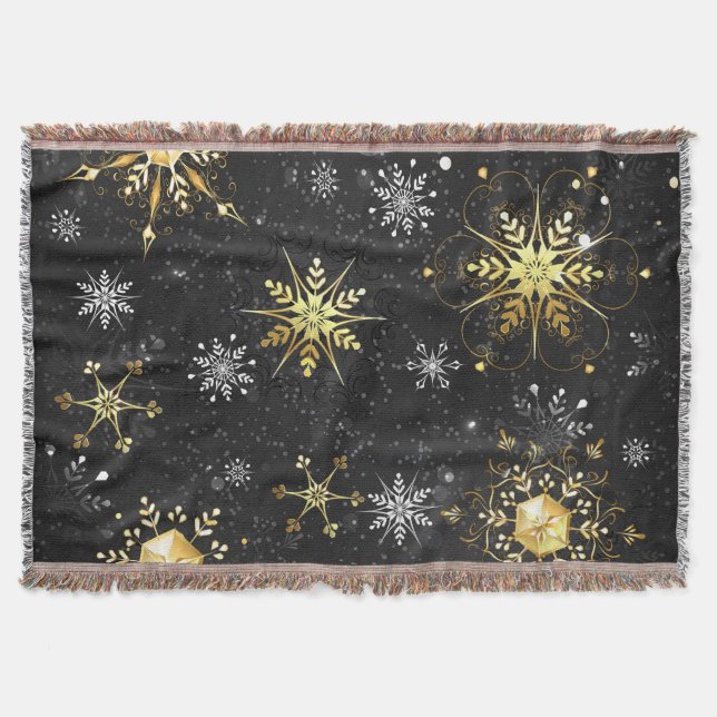 Xmas Golden Snowflakes on Black Background Throw Blanket (Front)
