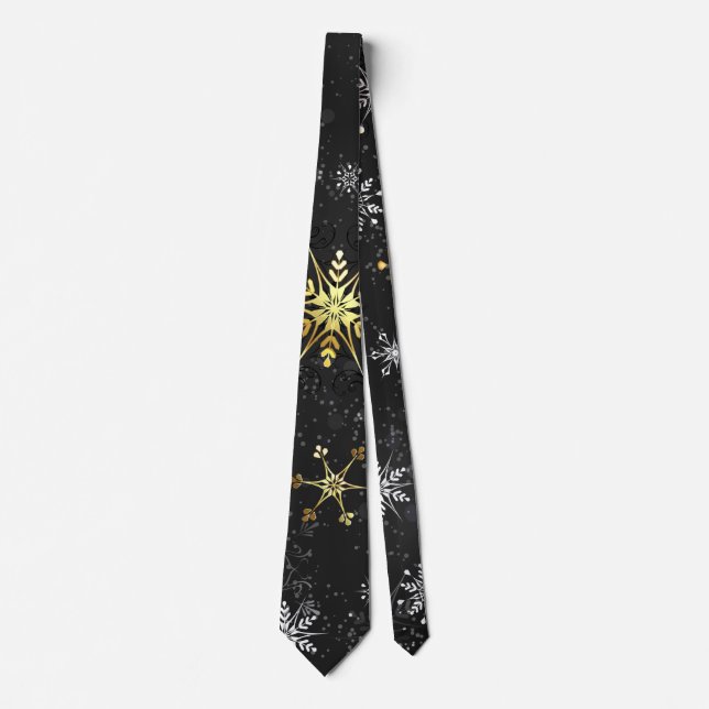 Xmas Golden Snowflakes on Black Background Tie (Front)