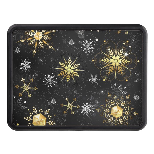 Xmas Golden Snowflakes on Black Background Trailer Hitch Cover (Front)