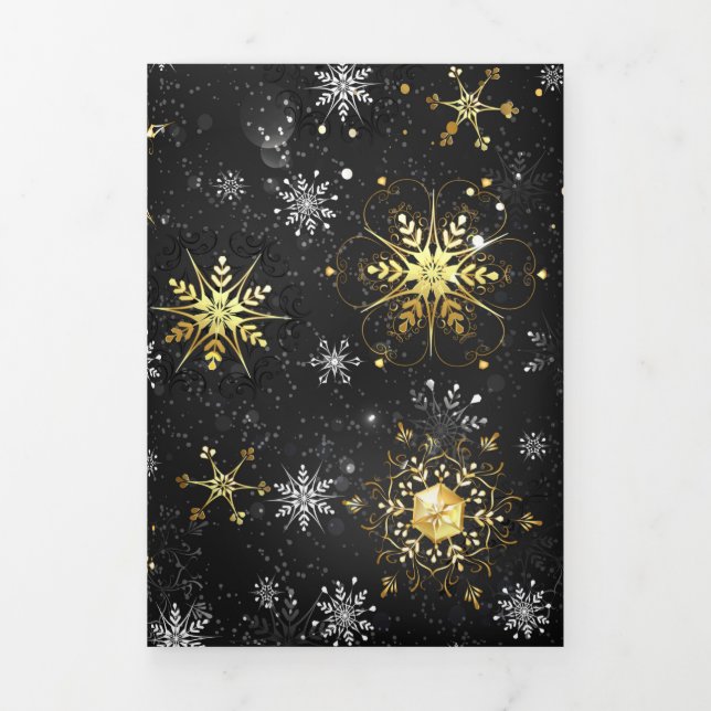 Xmas Golden Snowflakes on Black Background Tri-Fold Card (Cover)