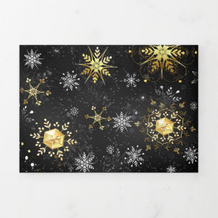 Xmas Golden Snowflakes on Black Background Tri-Fold Invitation