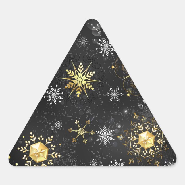 Xmas Golden Snowflakes on Black Background Triangle Sticker (Front)