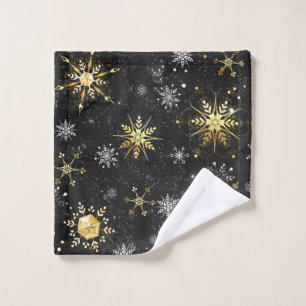 Xmas Golden Snowflakes on Black Background Wash Cloth