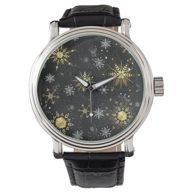 Xmas Golden Snowflakes on Black Background Watch (Front)