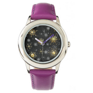 Xmas Golden Snowflakes on Black Background Watch