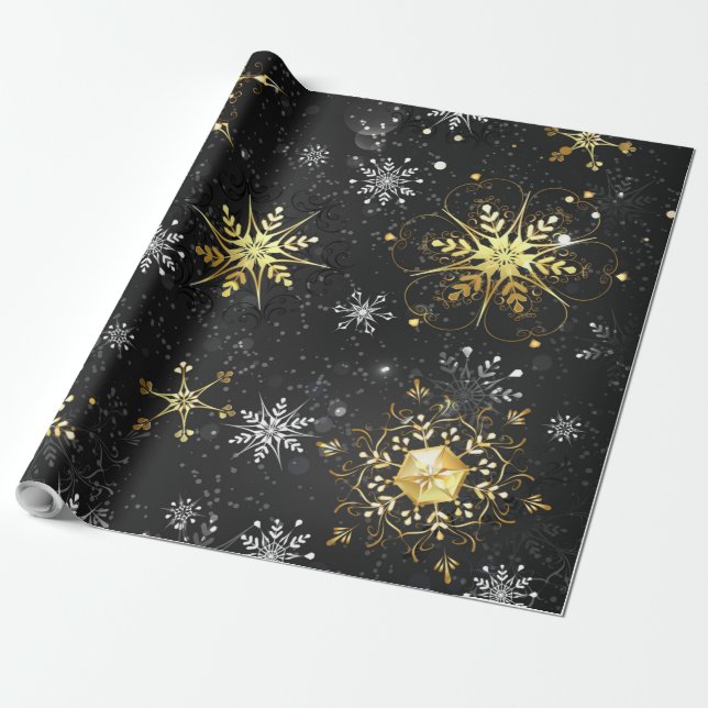 Xmas Golden Snowflakes on Black Background Wrapping Paper (Unrolled)