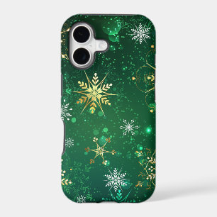 Xmas Golden Snowflakes on Green Background