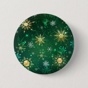 Xmas Golden Snowflakes on Green Background 2 Inch Round Button