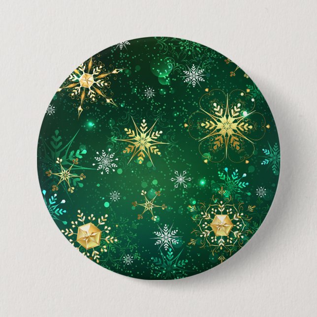 Xmas Golden Snowflakes on Green Background 3 Inch Round Button (Front)