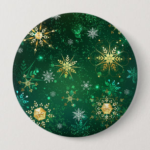 Xmas Golden Snowflakes on Green Background 4 Inch Round Button