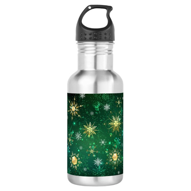 Xmas Golden Snowflakes on Green Background 532 Ml Water Bottle (Front)