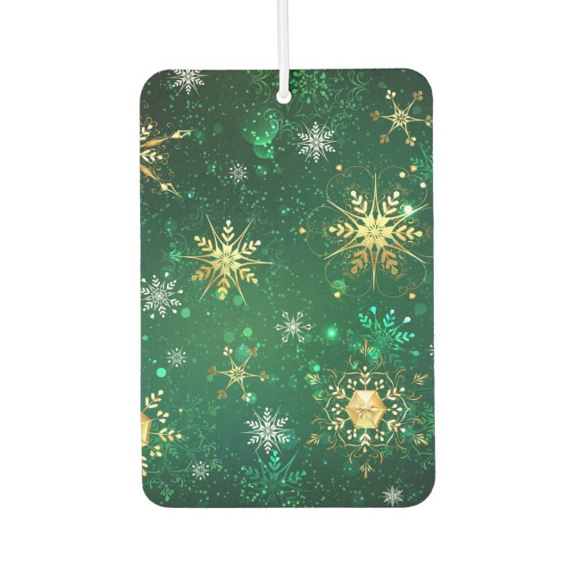 Xmas Golden Snowflakes on Green Background Air Freshener (Front)