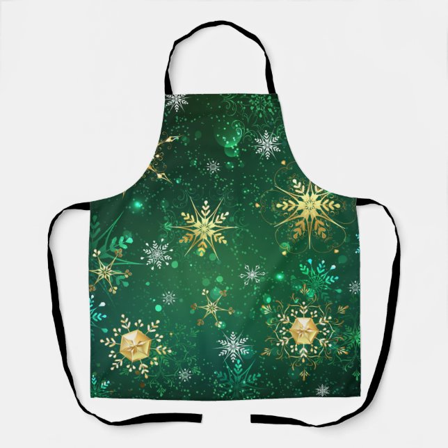 Xmas Golden Snowflakes on Green Background Apron (Front)